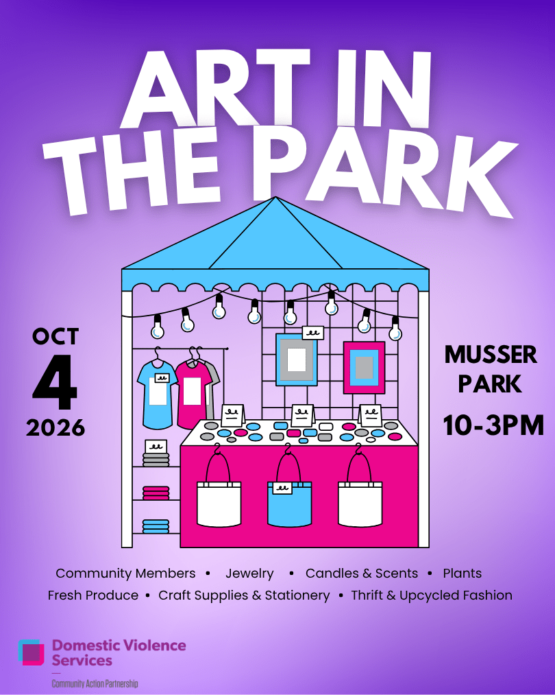 Diseño gráfico para Art in the Park, que incluye un icono de un puesto de venta y la información del evento.