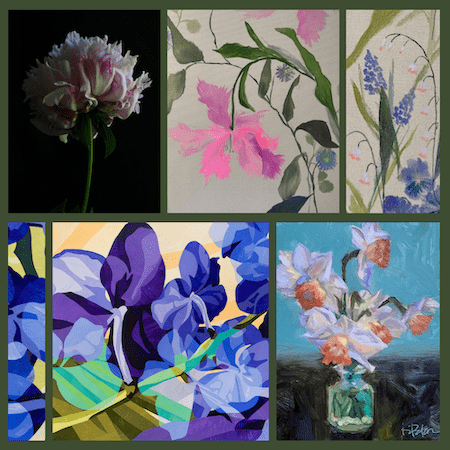 A collage square of multiple floral paintings
