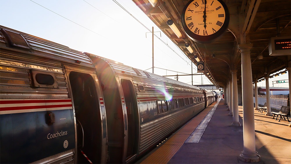 Amtrak train arriving in Lancaster